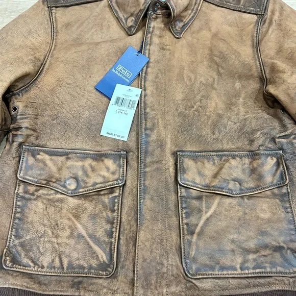 Polo Ralph Lauren 100% Cow Leather Boys Youth Bomber Jacket  Large (14-16) - Picture 4 of 7